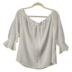 New York & Co Women's Cottagecore White Eyelet Sleeve Off Shoulder Top, Large